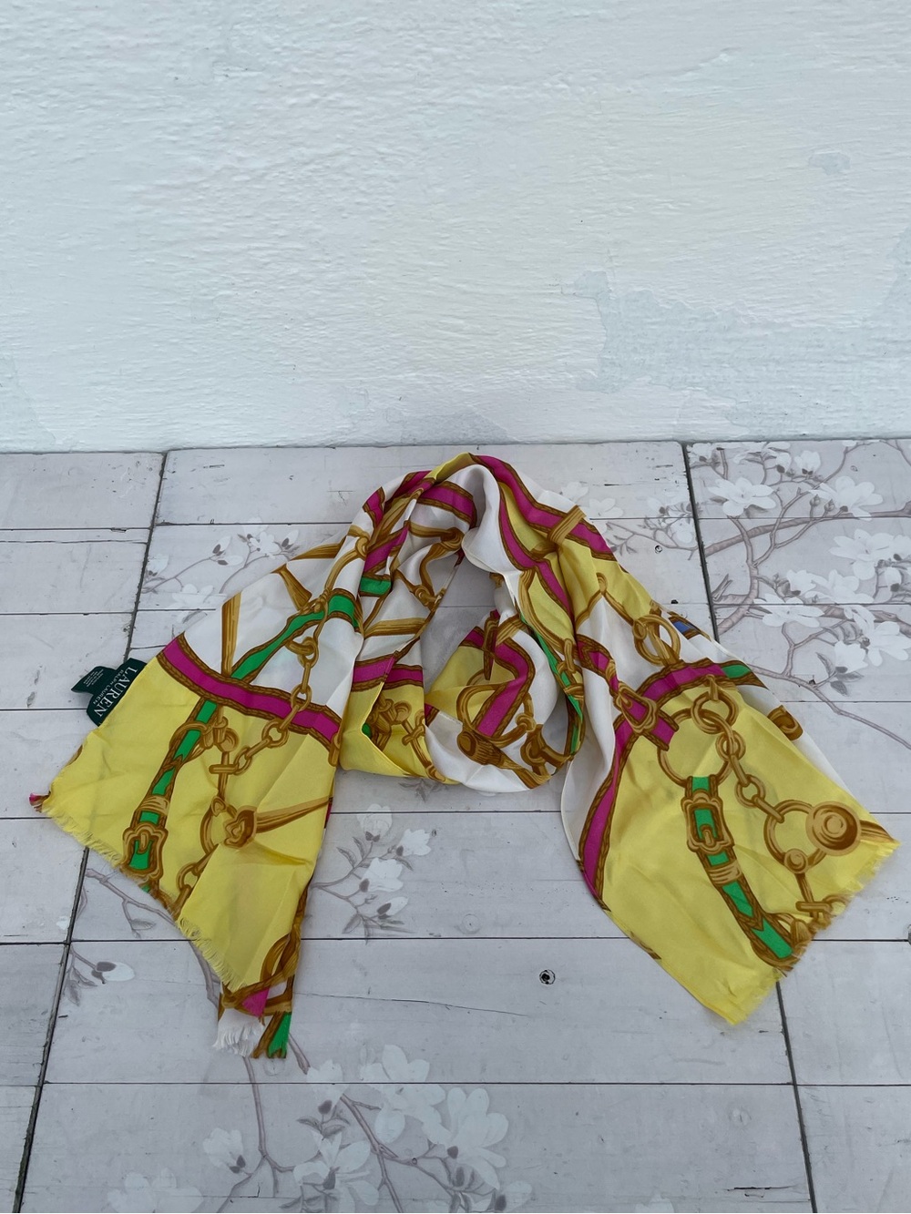Lauren Ralph Lauren Yellow Silk Scarf with Pink and Green Chain Motif